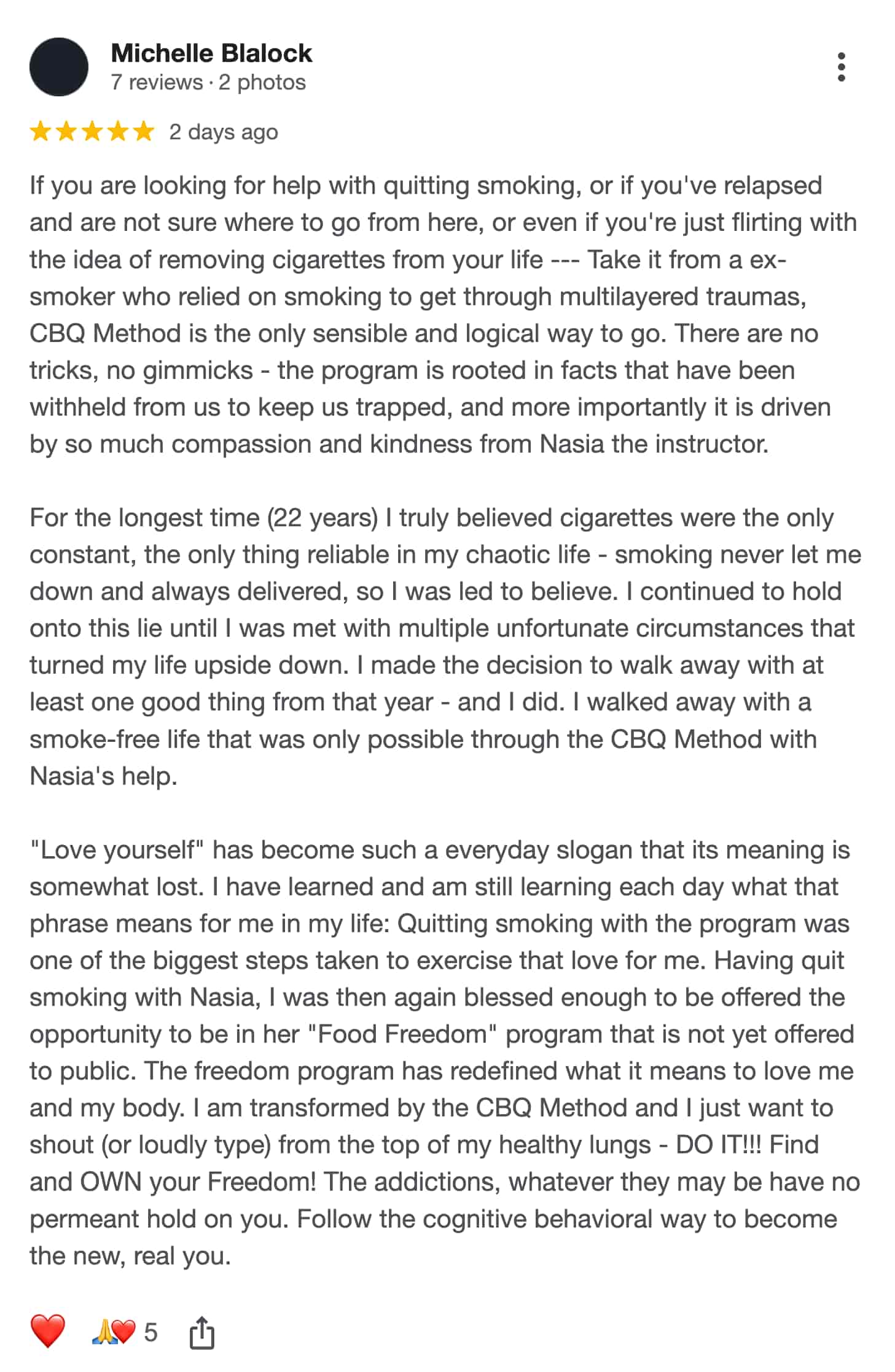 CBQ Nicotine Freedom Program member Michelle Blalock left a Google Review