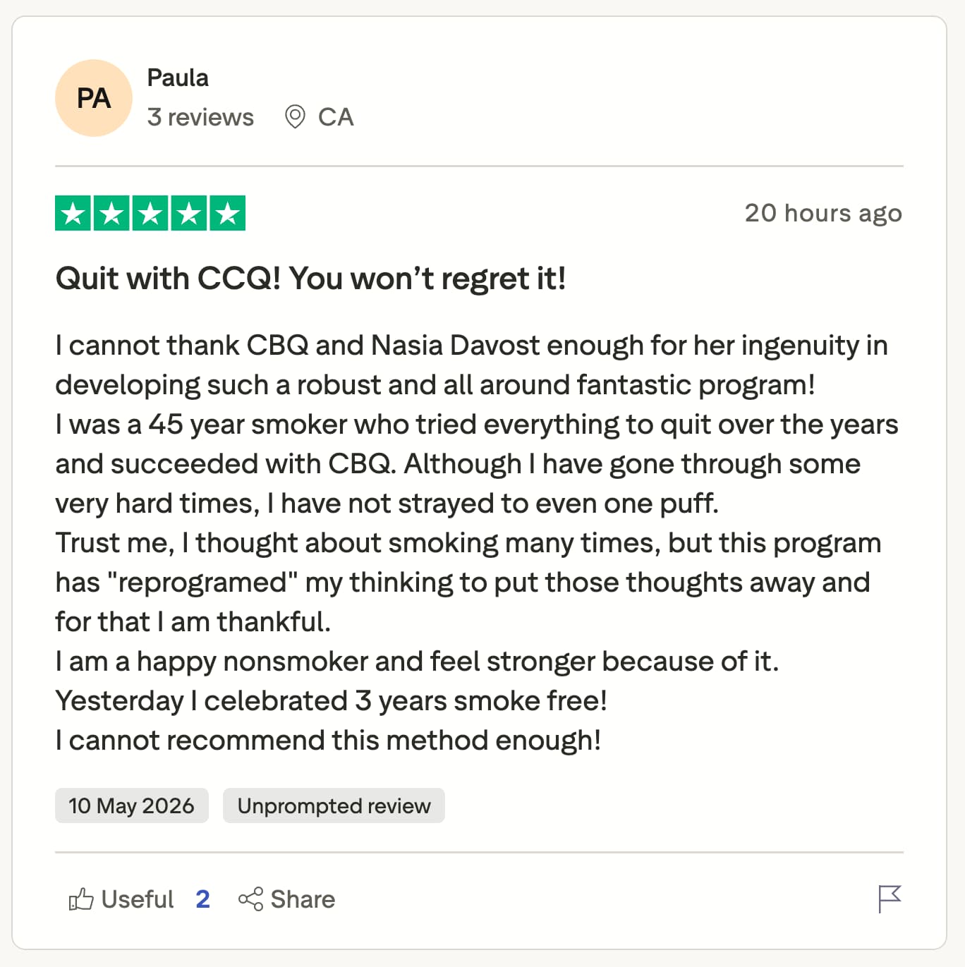 CBQ Nicotine Freedom Program member Paula Gibson left a TrustPilot Review