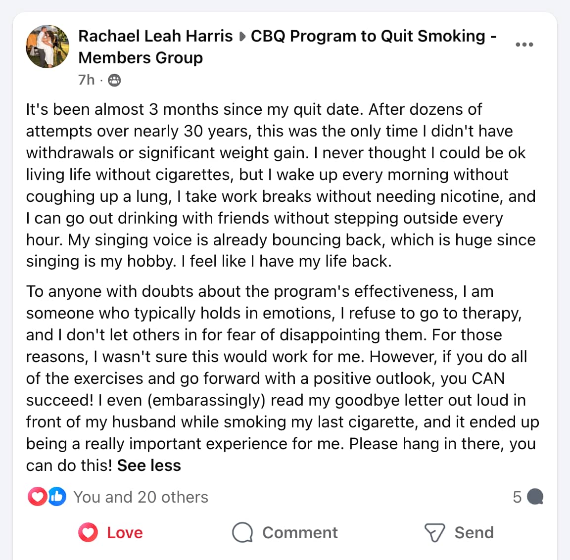 CBQ Nicotine Freedom Program member Rachael Leah Harris left a quit-smoking tip
