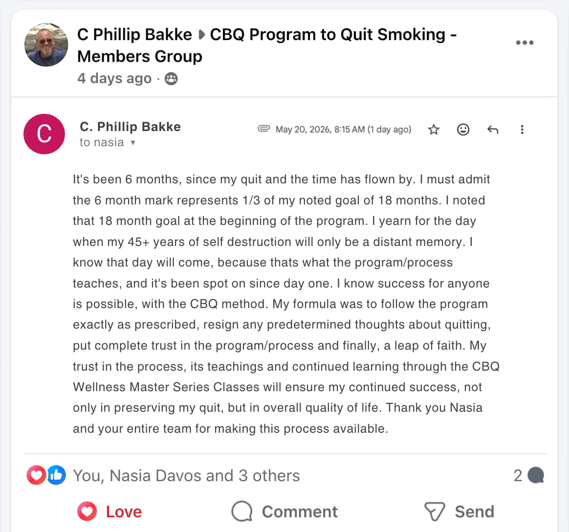 CBQ Program member Christian Phillip Bakke left a quit-smoking advice