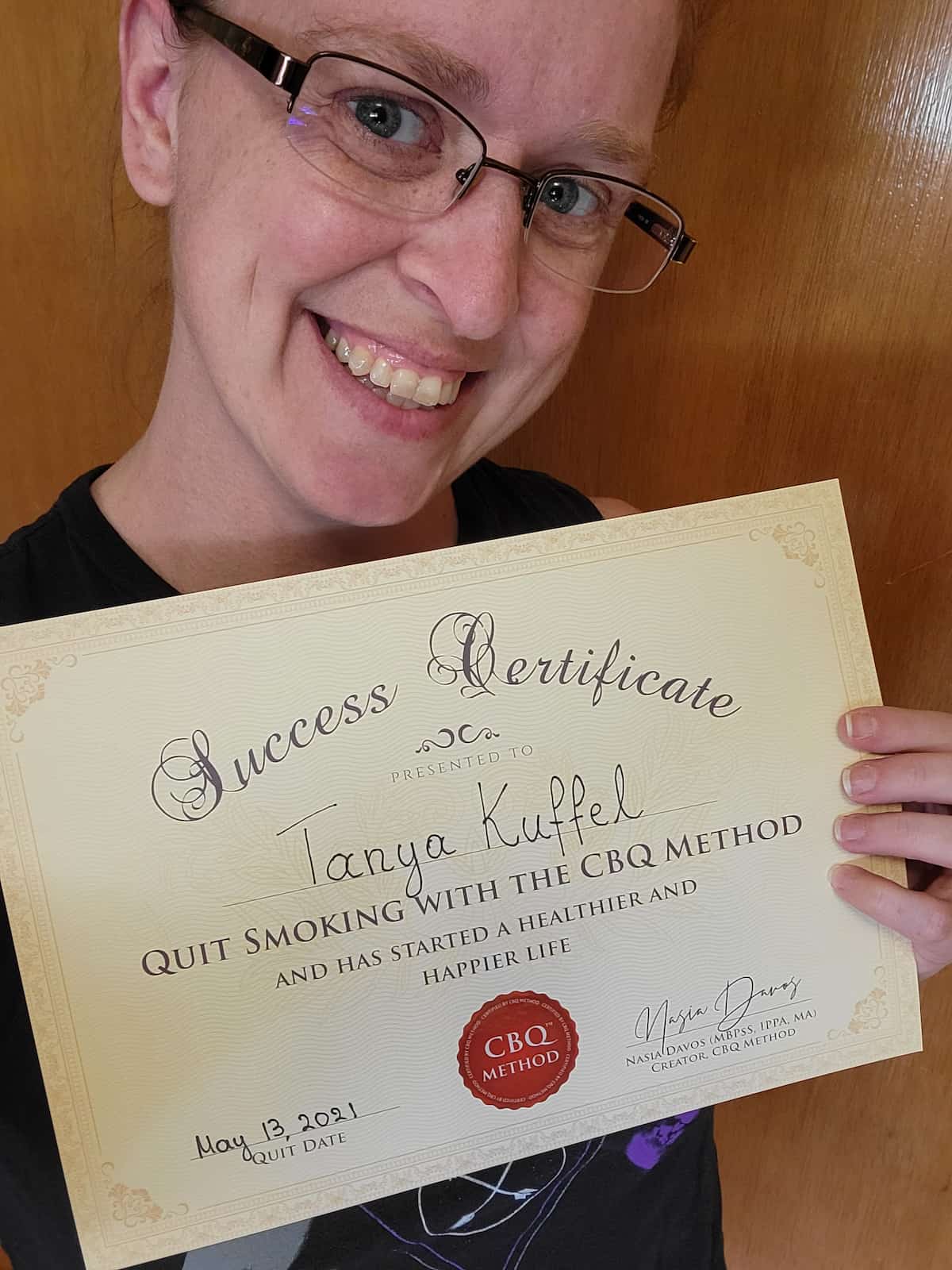 CBQ Nicotine Freedom Program member Tanya Kuffel with her CBQ Success Certificate
