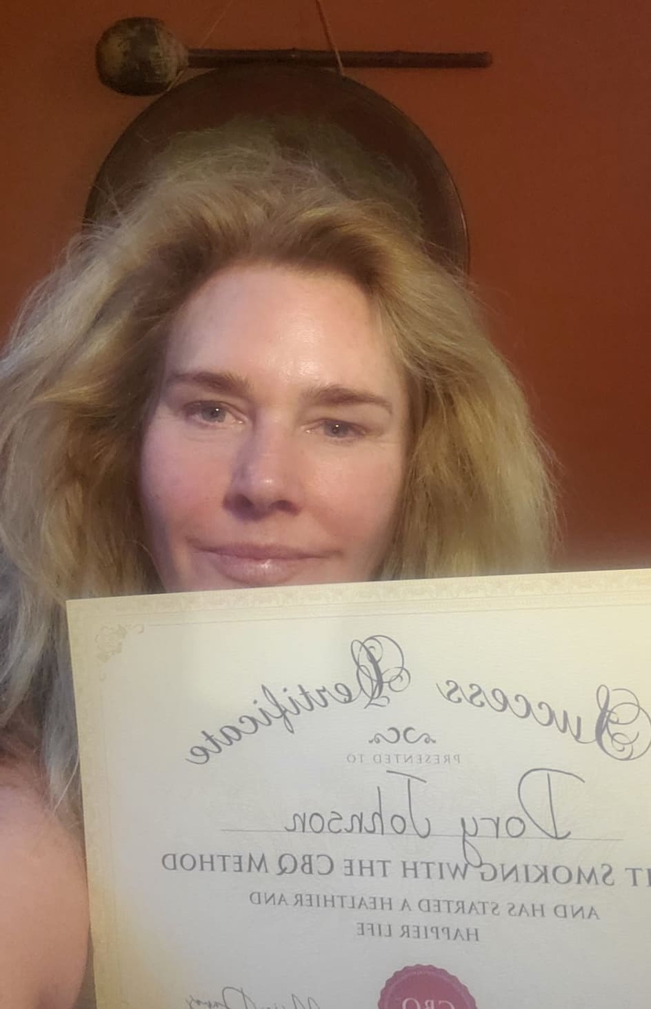 CBQ Nicotine Freedom Program member Dory Johnson with her CBQ Success Certificate