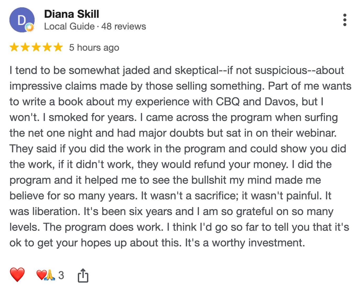 CBQ Nicotine Freedom Program member Diana Skill left a Google Review