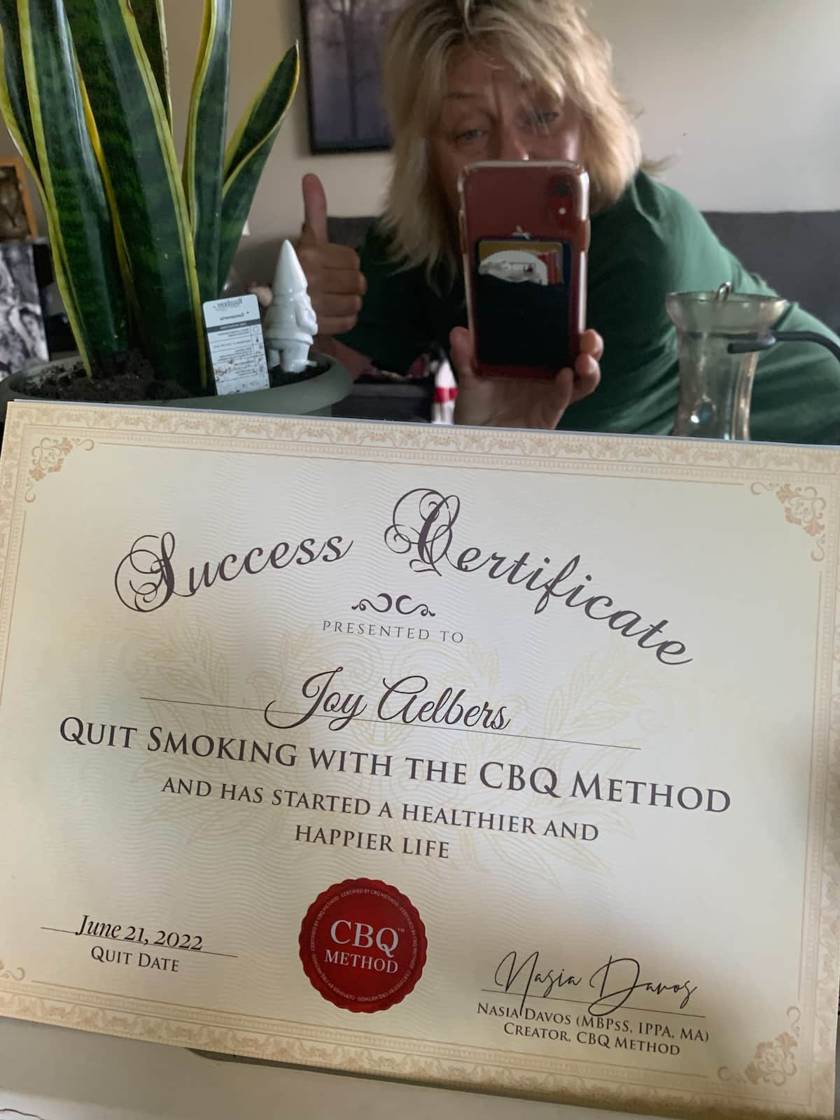 CBQ Nicotine Freedom Program member Joy Aelbers with her CBQ Success Certificate