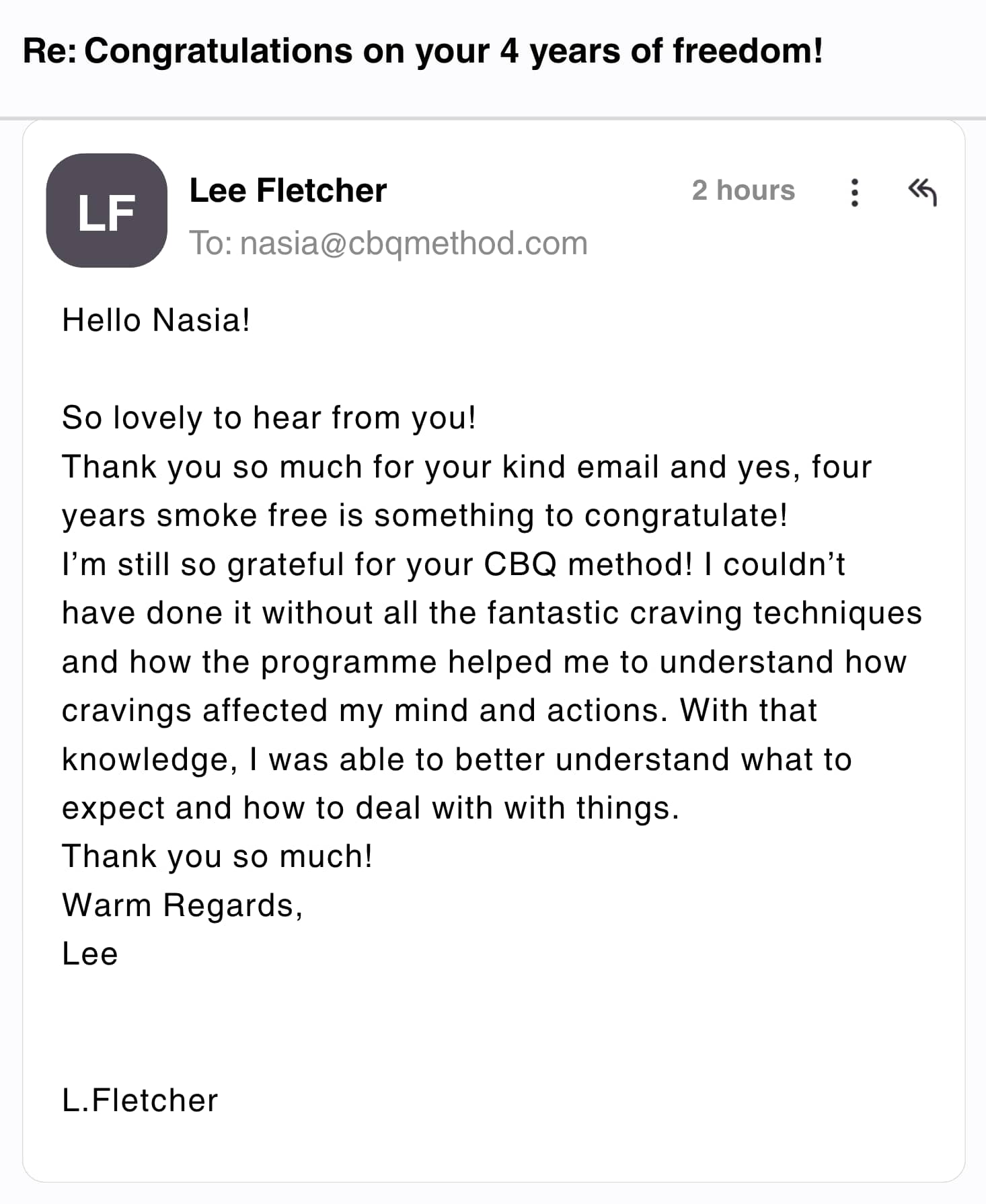 CBQ Nicotine Freedom Program member Lee Fletcher is 4 years smoke-free