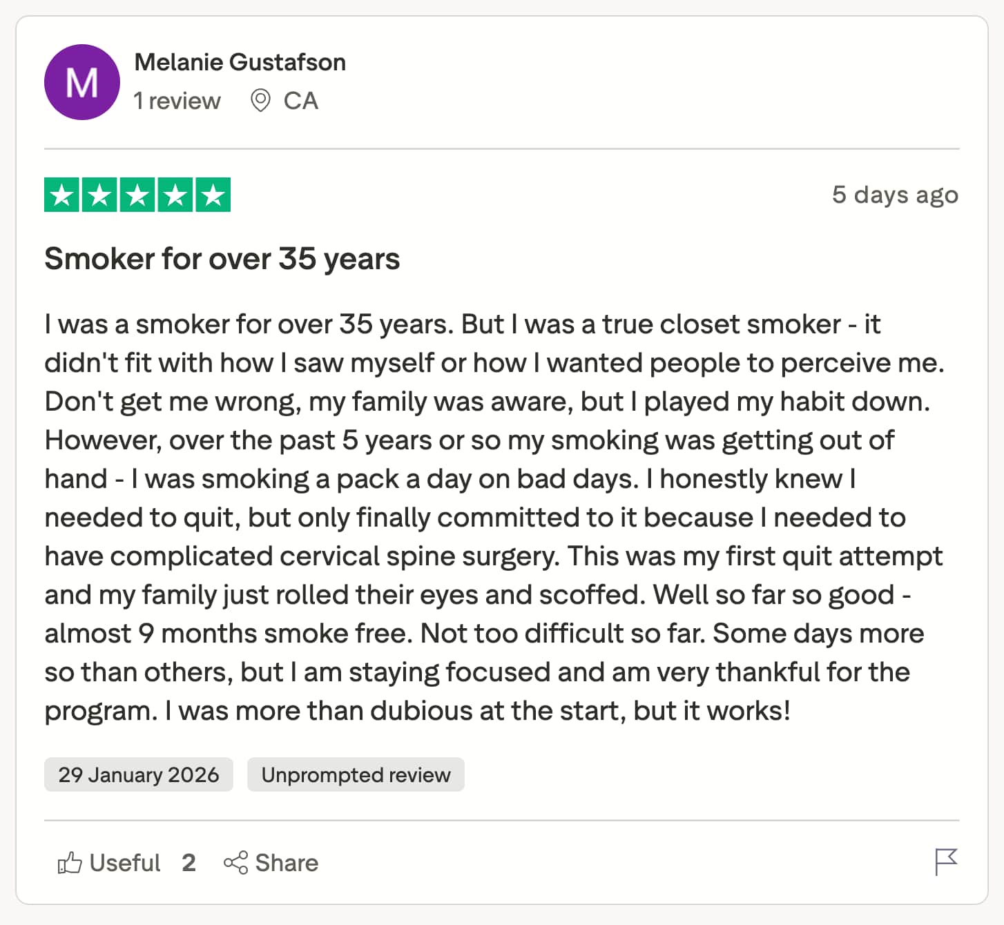 CBQ Nicotine Freedom Program member Melanie Gustafson left a TrustPilot Review