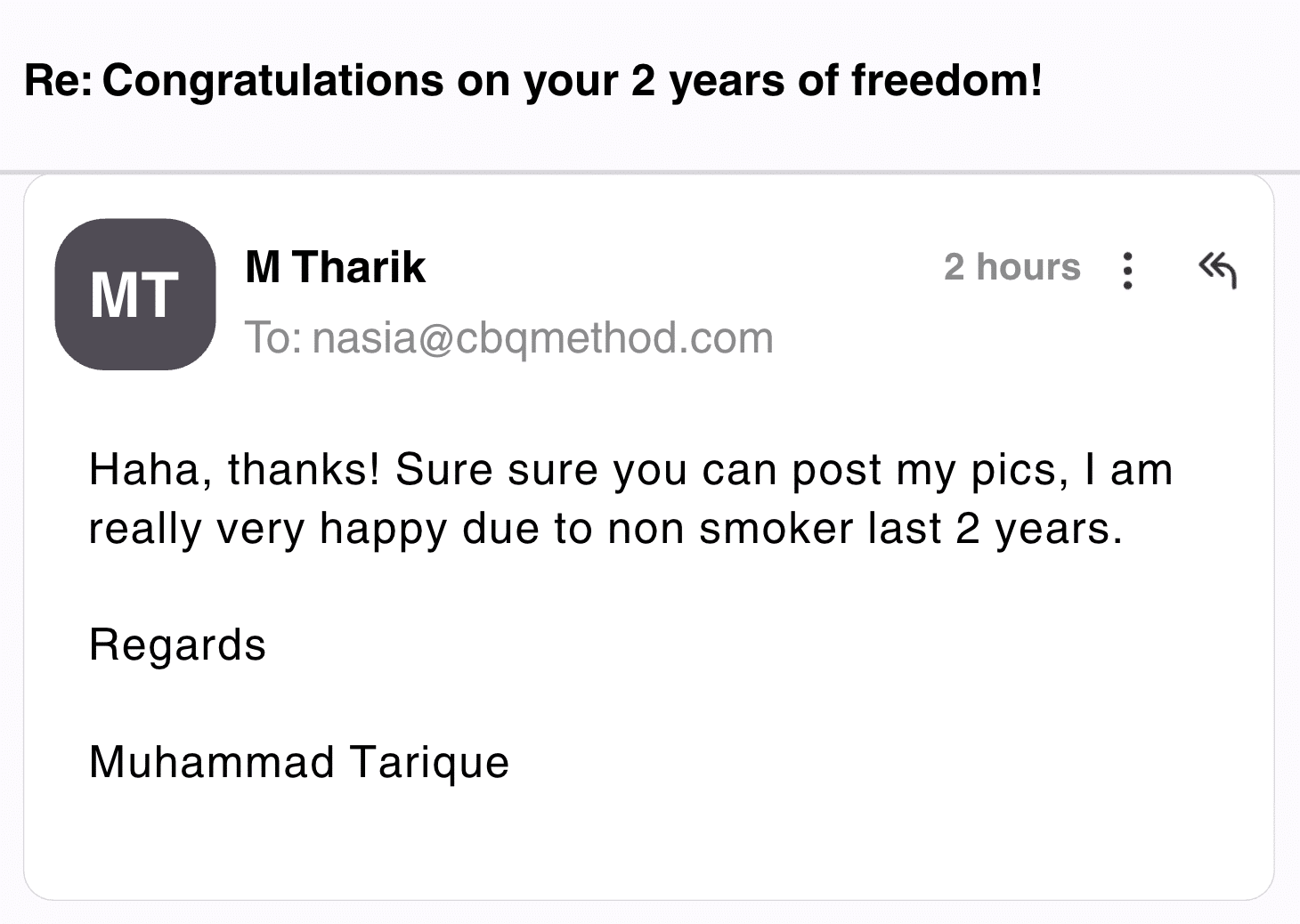 CBQ Nicotine Freedom Program Muhammad Tarique celebrated 2 years smoke-free