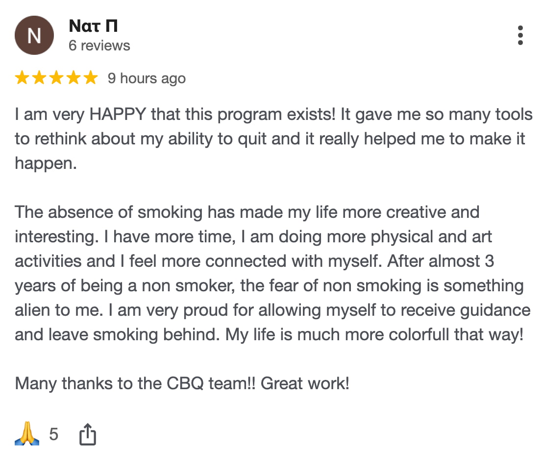 CBQ Nicotine Freedom Program member Natalia Polyzou left a Google Review