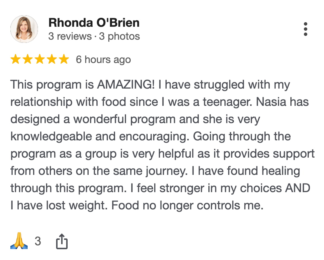 CBQ Nicotine Freedom Program member Rhonda O'Brien talks about Food Freedom in her Google Review