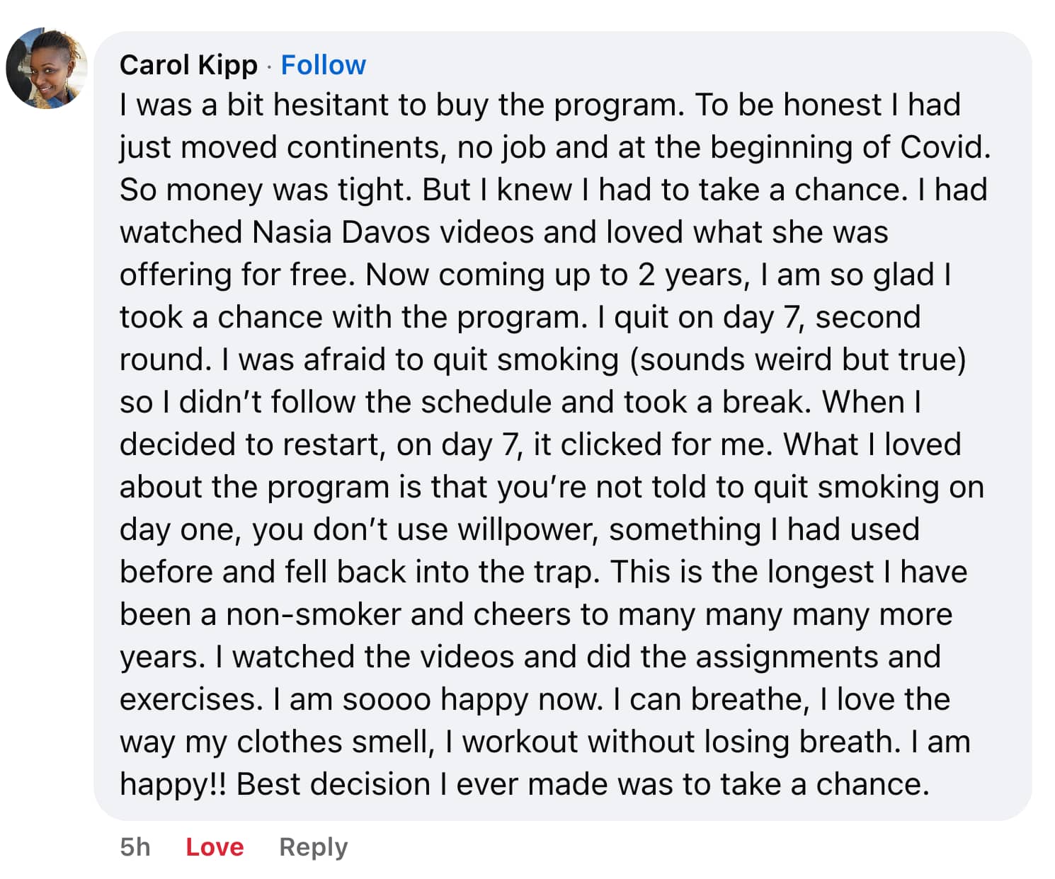 CBQ Nicotine Freedom Program member Caroline Kipp quit smoking