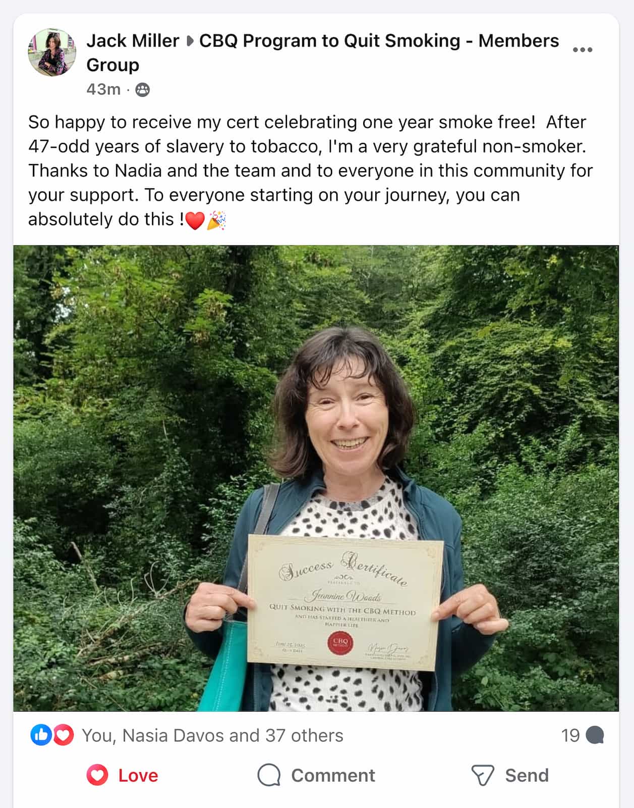 CBQ Nicotine Freedom Program member Jeannine Woods holding her CBQ success certificate