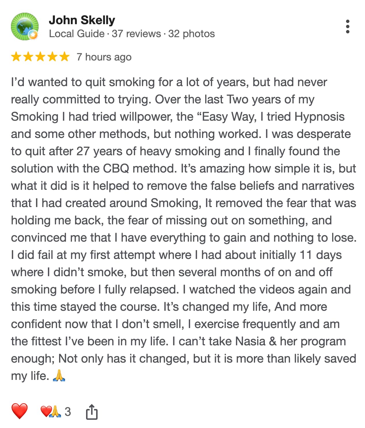 CBQ Nicotine Freedom Program member John Skelly provided Google Review