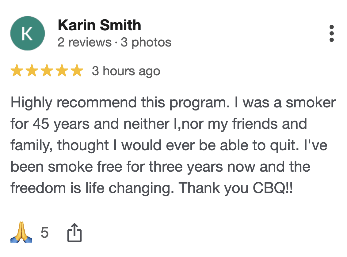 CBQ Nicotine Freedom Program member Karin Smith left a Google Review