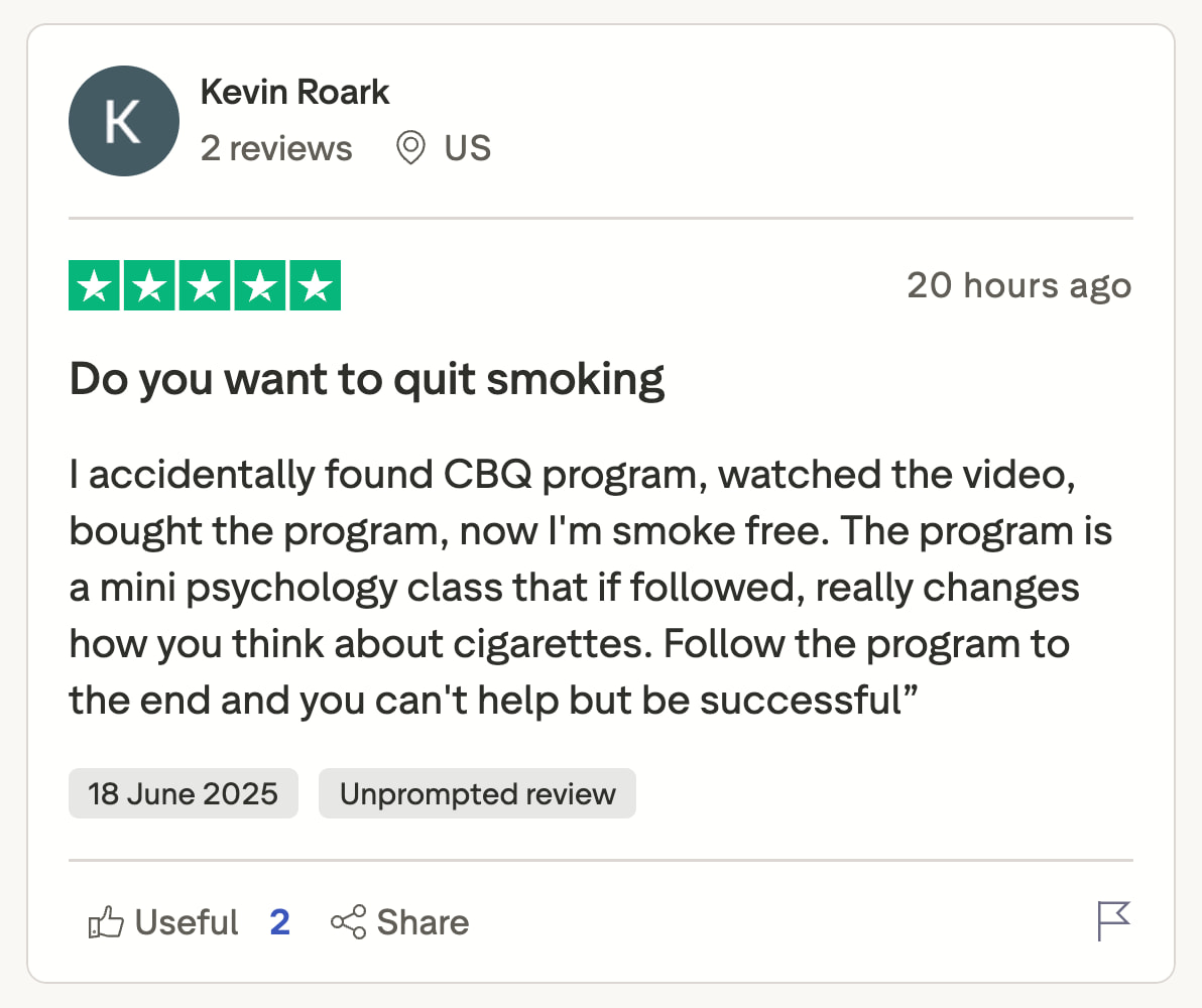 CBQ Nicotine Freedom program member Kevin Roark left a TrustPilot review
