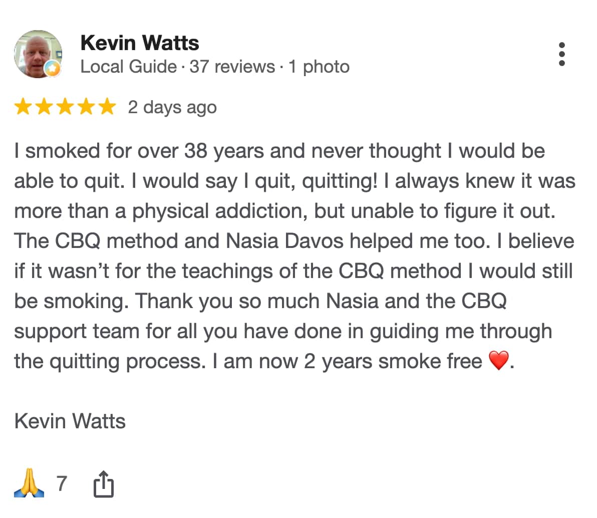 CBQ Nicotine Freedom Program member Kevin Watts shared a Google Review