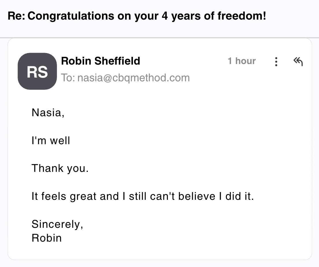 CBQ Nicotine Freedom Program member Robin Sheffield celebrates 4 years smoke-free