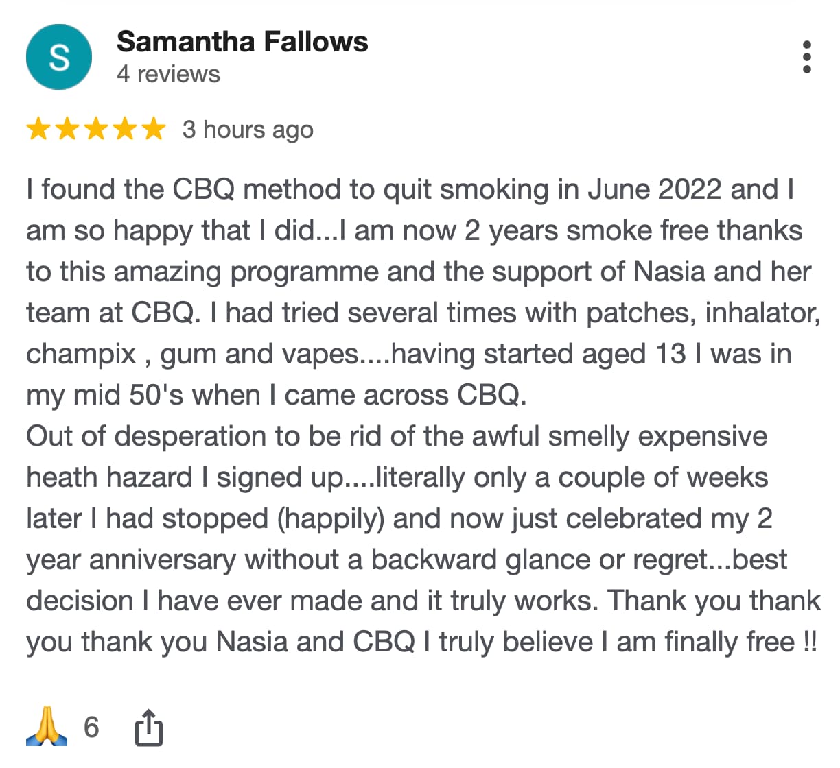 CBQ Nicotine Freedom program member Samantha Fallows left a Google Review