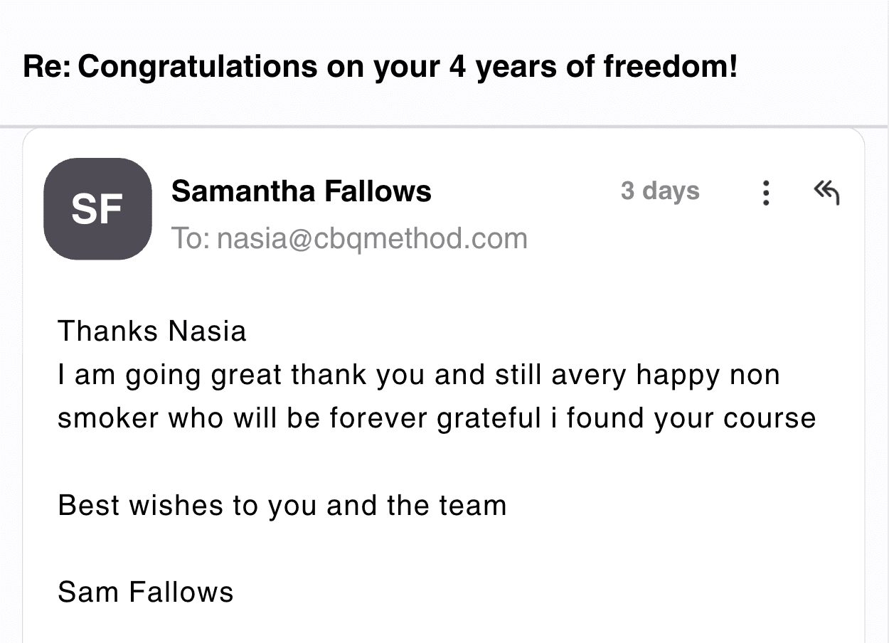 CBQ Nicotine Freedom program member Samantha Fallows celebrates 4 years smoke-free
