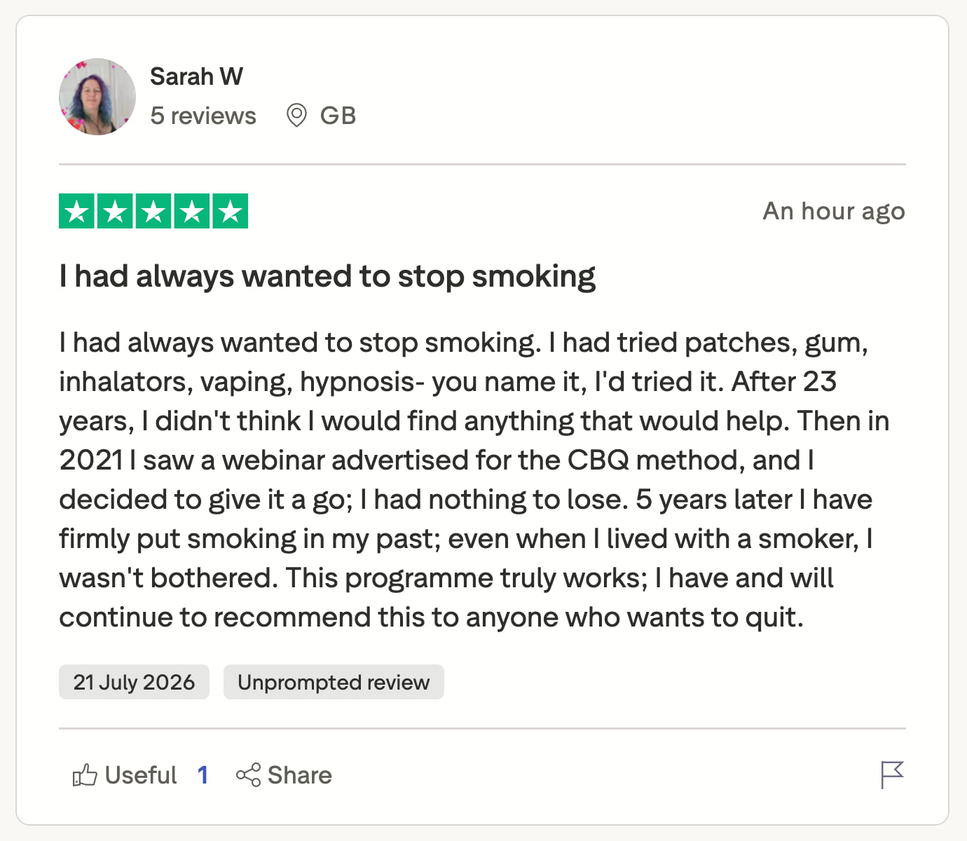 CBQ Nicotine Freedom Program member Sarah Walters shared a TrustPilot Review