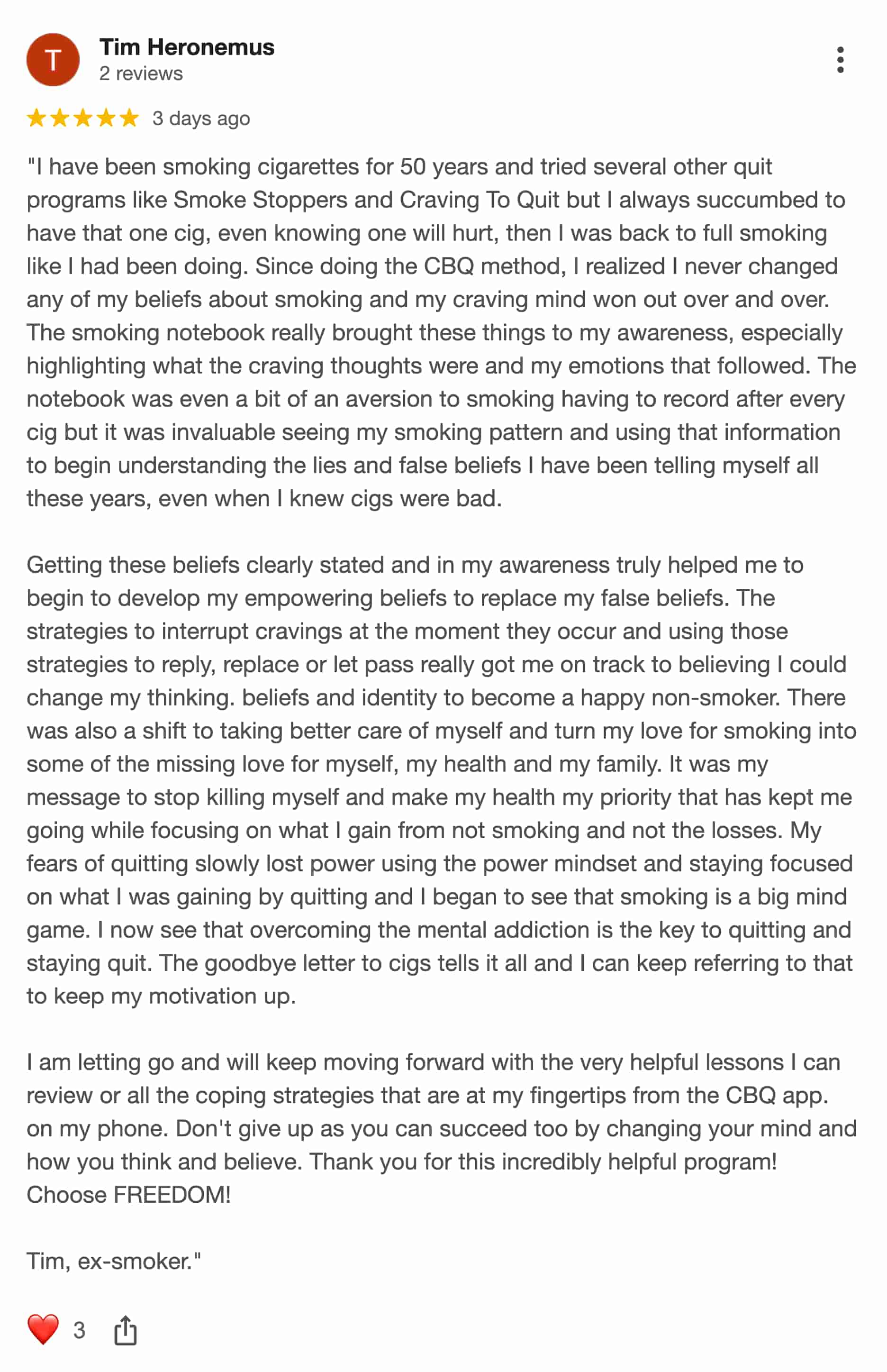 CBQ Nicotine Freedom Program member Timothy Heronemus left a Google Review
