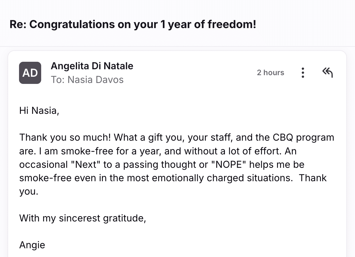 CBQ Nicotine Freedom Program member Angelita DiNatale 1 year smoke-free