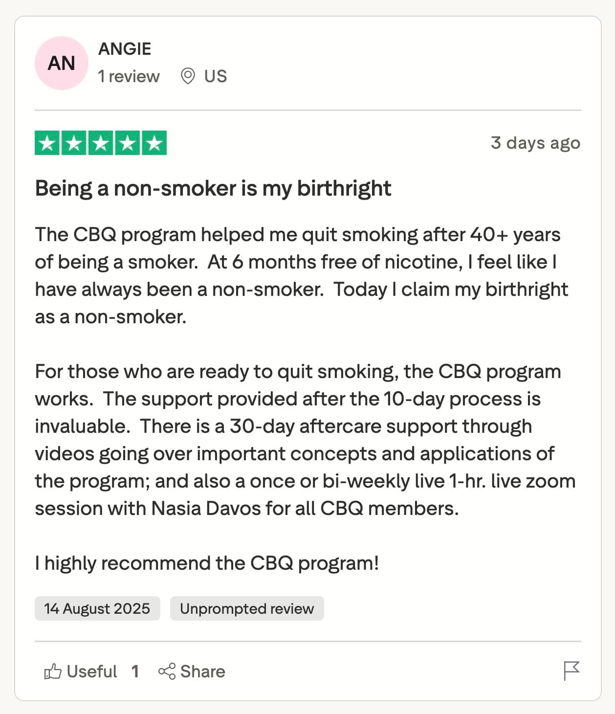 CBQ Nicotine Freedom Program member Angelita DiNatale left a Trustpilot review