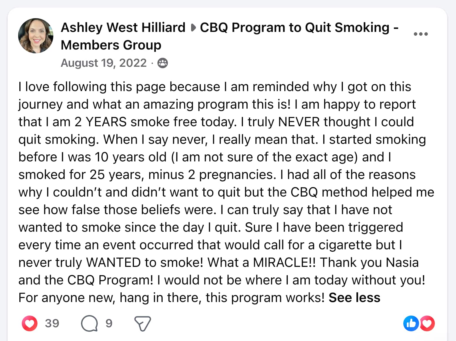 CBQ Nicotine Freedom Program member Ashley Hilliard quit smoking