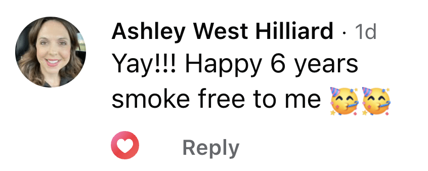 CBQ Nicotine Freedom Program member Ashley Hilliard quit smoking 6 years smoke-free