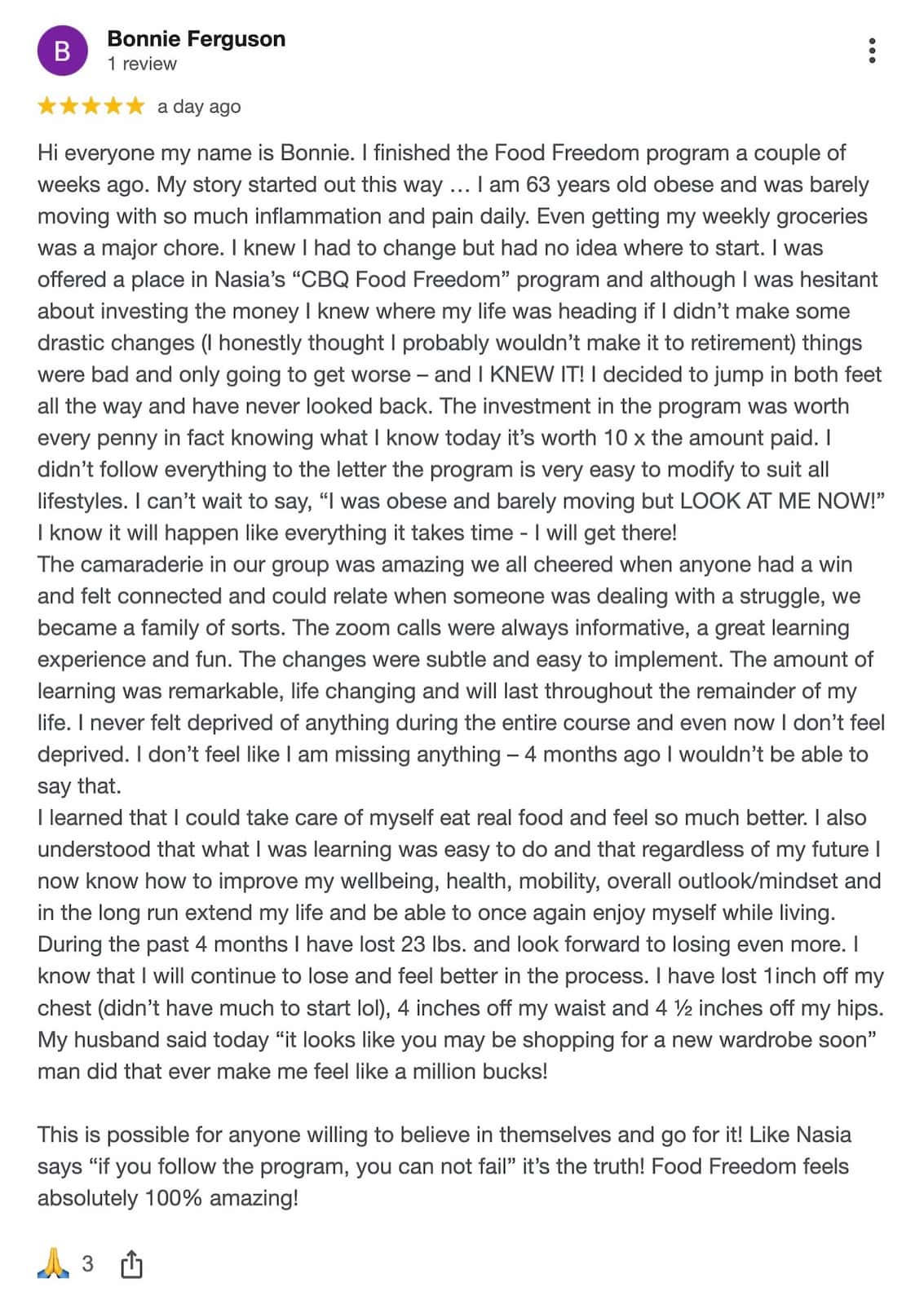 CBQ Nicotine Freedom Program member Bonnie Ferguson left a Google Review about CBQ Food Freedom program