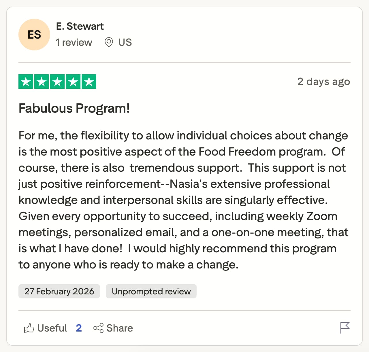 CBQ Nicotine Freedom Program member Elly Stewart left a Trustpilot review