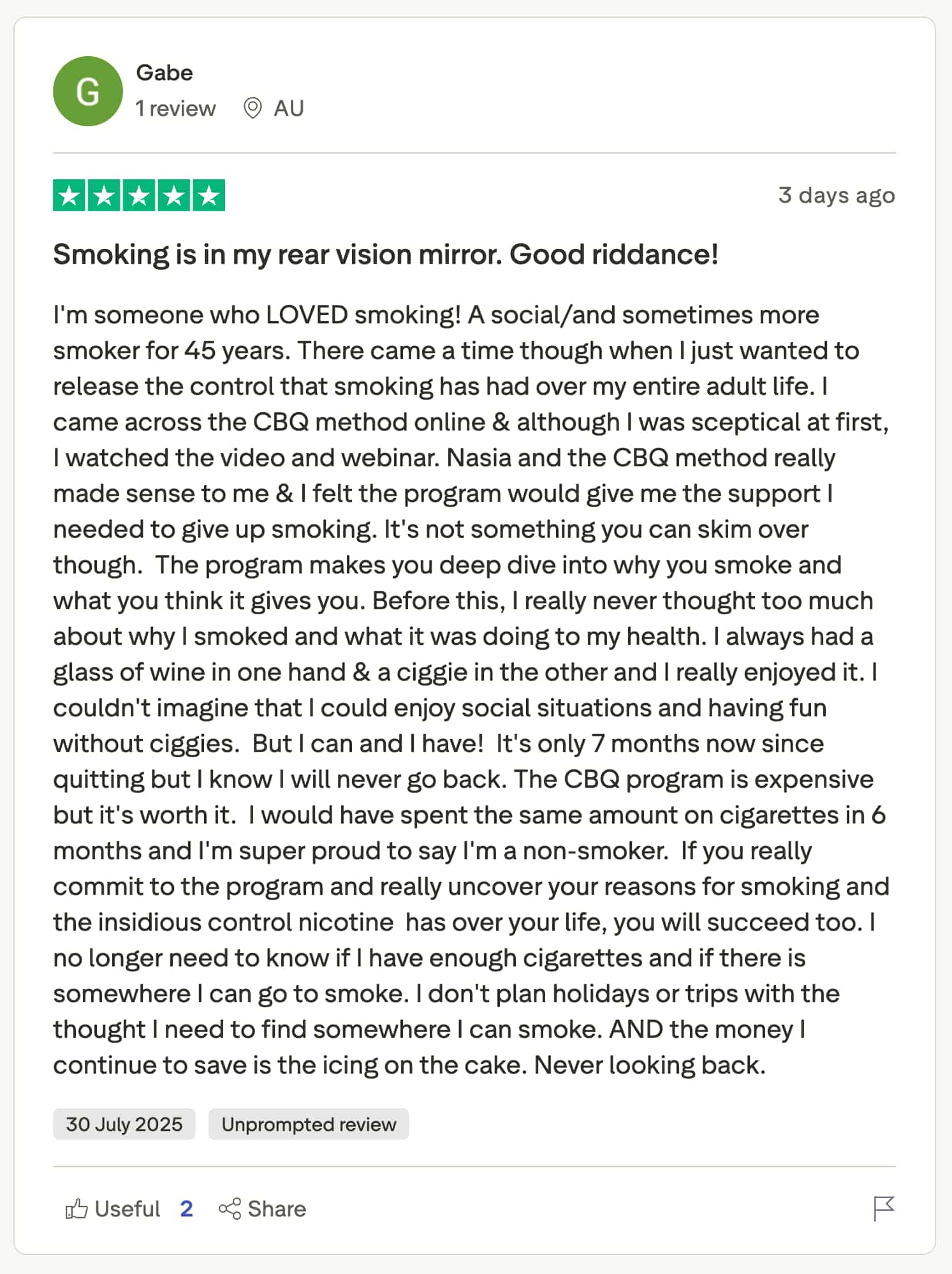 CBQ Nicotine Freedom Program Gabrielle Ausden left a TrustPilot review
