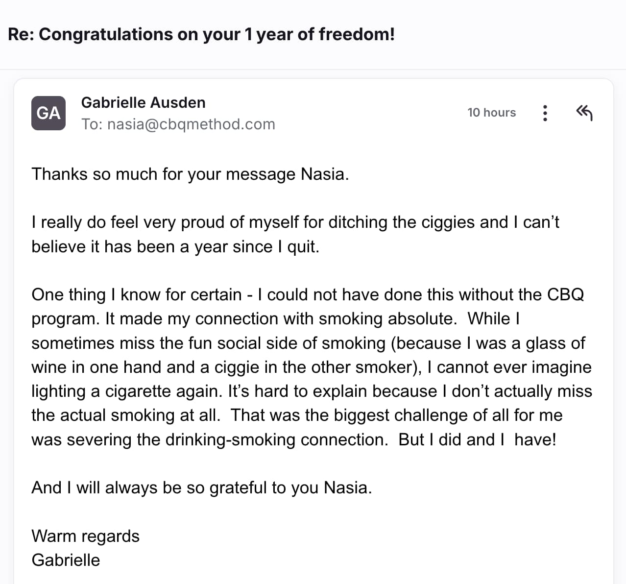 CBQ Nicotine Freedom Program Gabrielle Ausden celebrates 1 year smoke-free