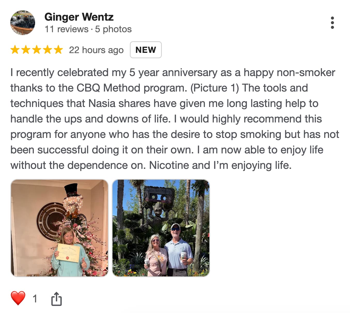 CBQ Nicotine Freedom Program member Ginger Wentz left a Google review