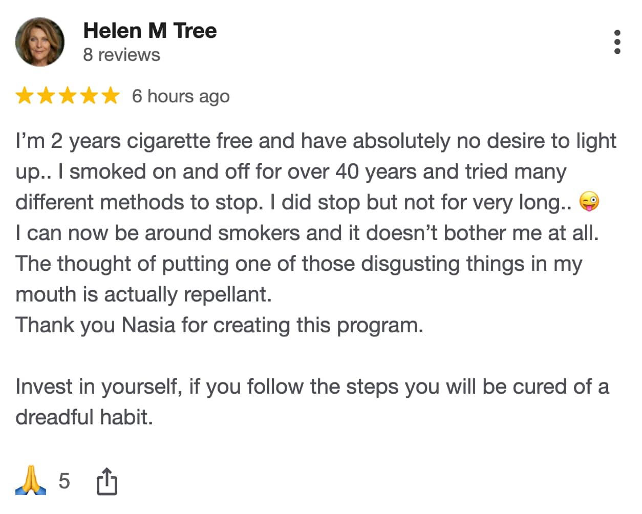CBQ Nicotine Freedom Program member Helen Tree left a Google review