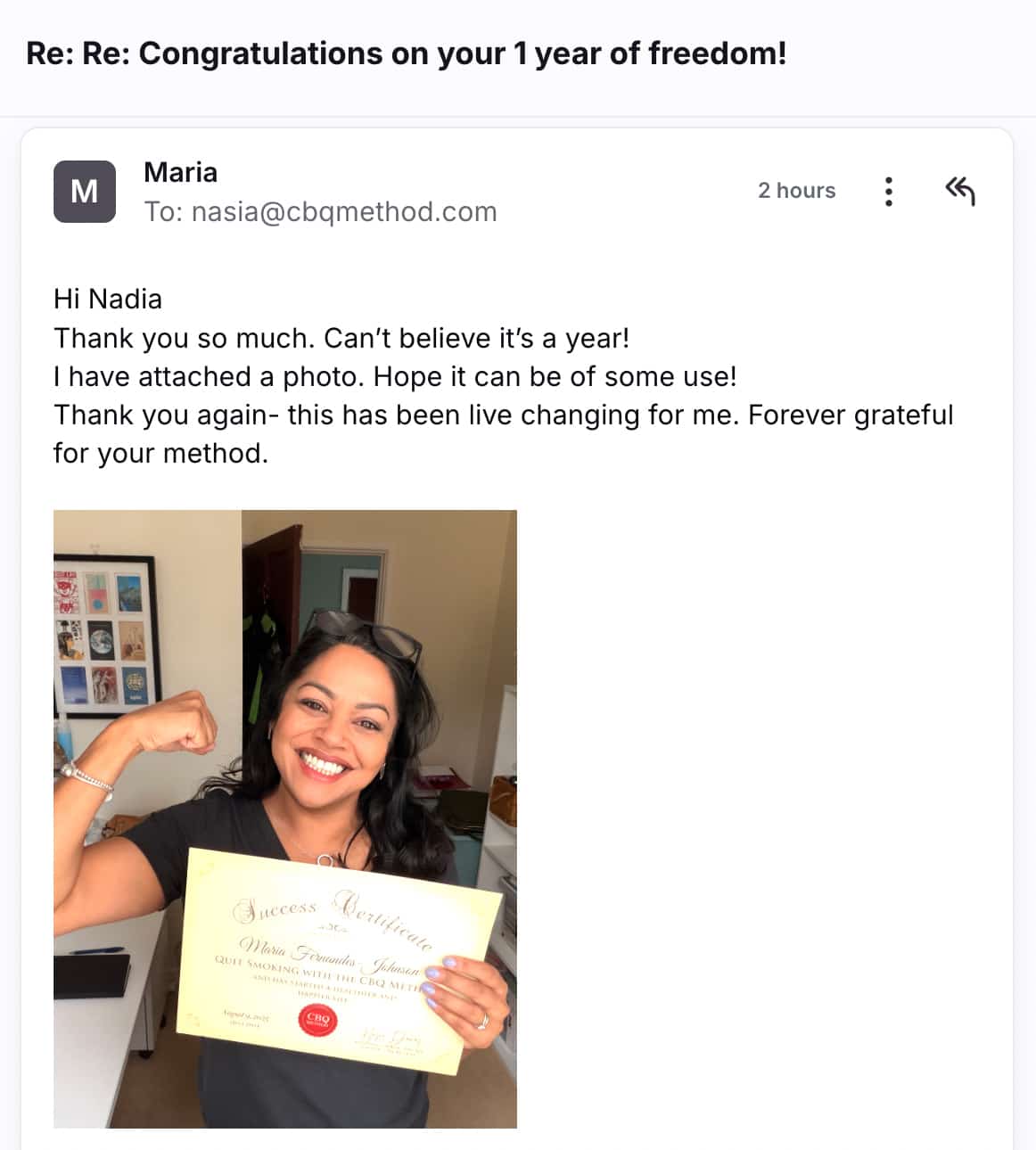 CBQ Nicotine Freedom Program member Maria Fernandes-Johnson holding her CBQ Success Certificate