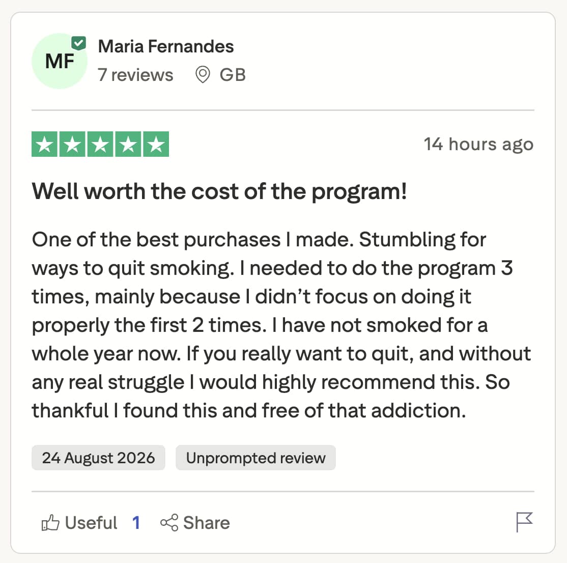 CBQ Nicotine Freedom Program member Maria Fernandes-Johnson left a Trustpilot review