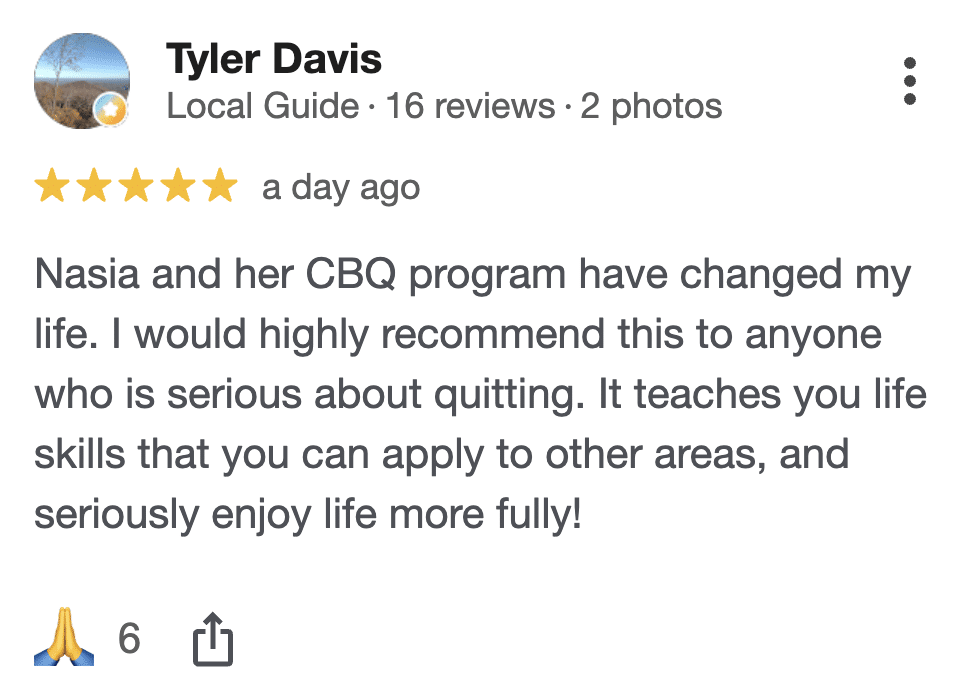 CBQ Nicotine Freedom Program member Tyler Davis left a Google review
