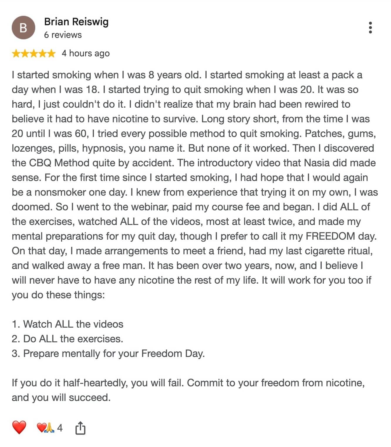 CBQ Nicotine Freedom Program member Brian Reiswig left a Google review