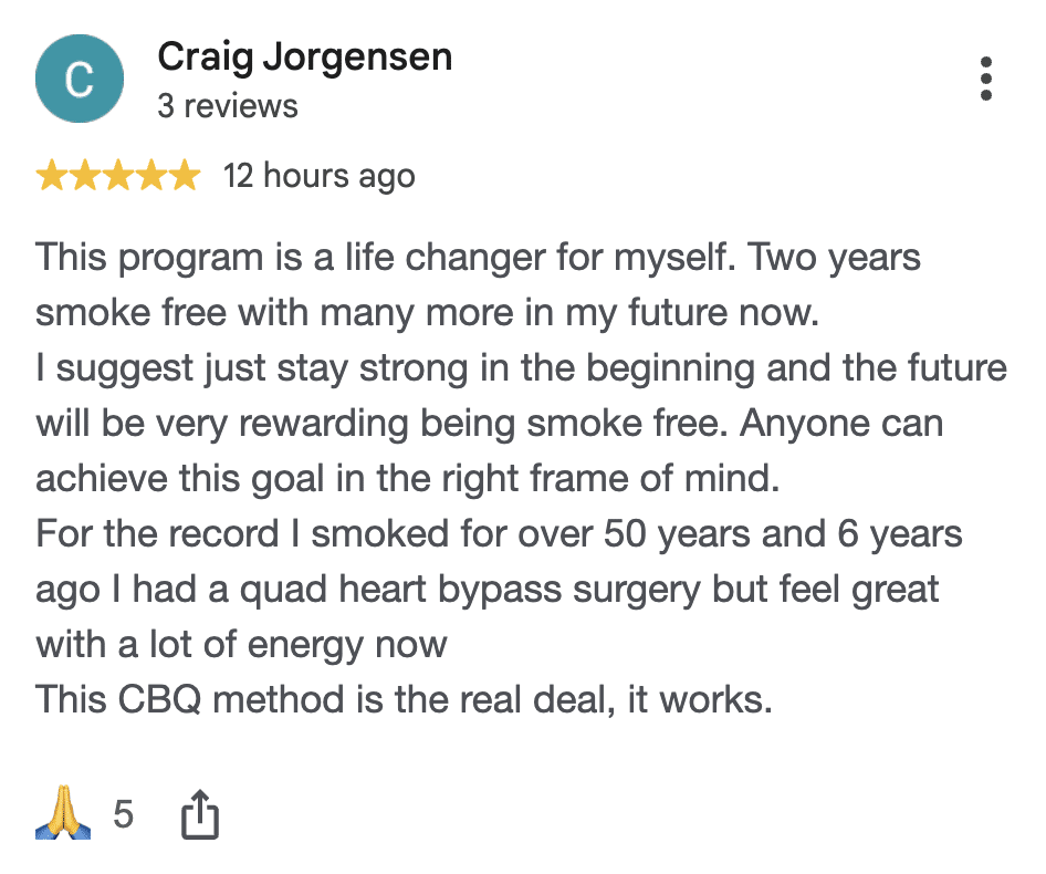 CBQ Nicotine Freedom Program member Craig Jorgensen left a Google review