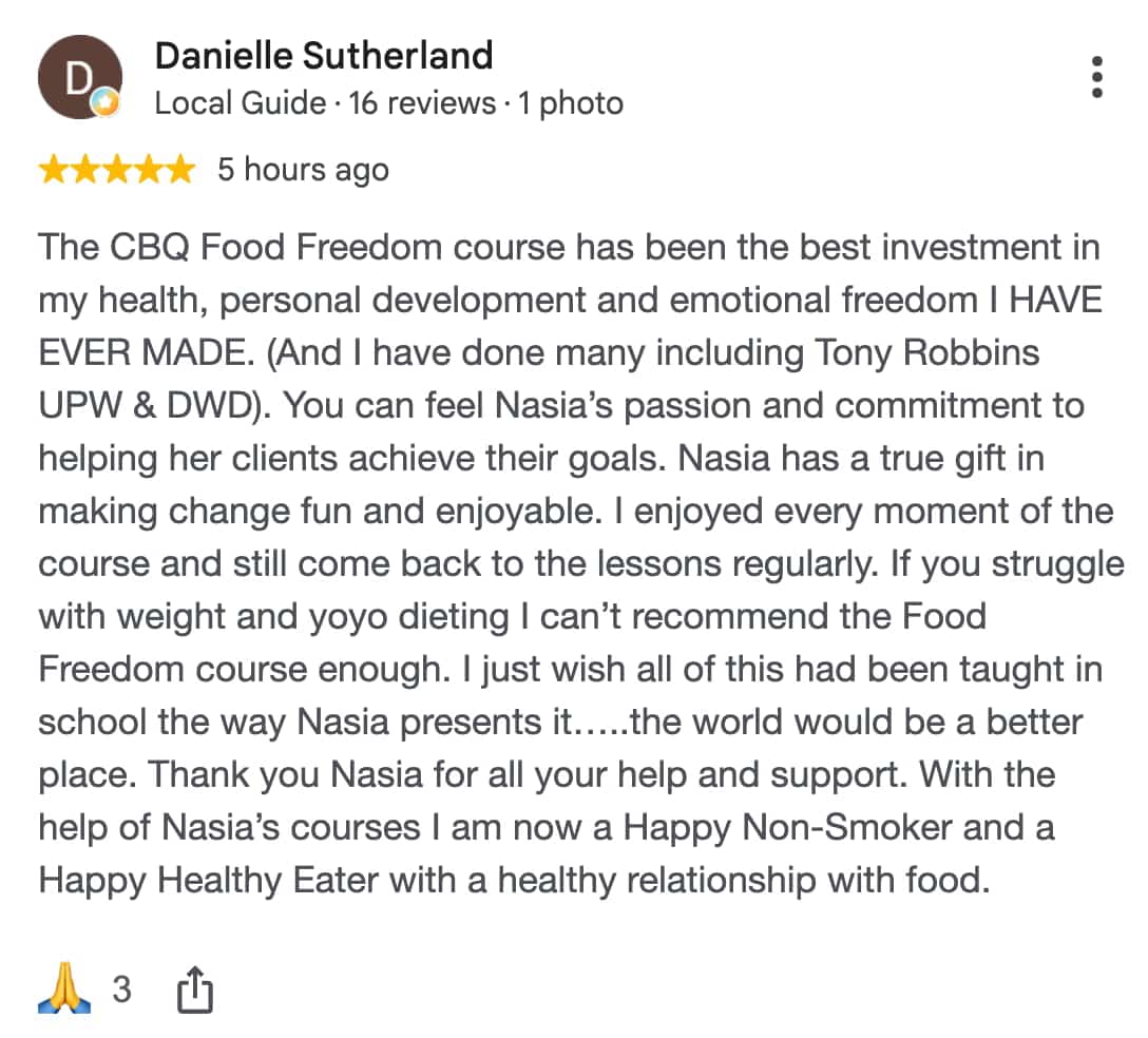 CBQ Nicotine Freedom Program member Danielle Sutherland left a Google review about CBQ Food Freedom