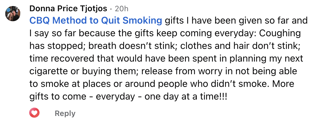 CBQ Nicotine Freedom Program member Donna Tjotjos shared the gifts of not smoking