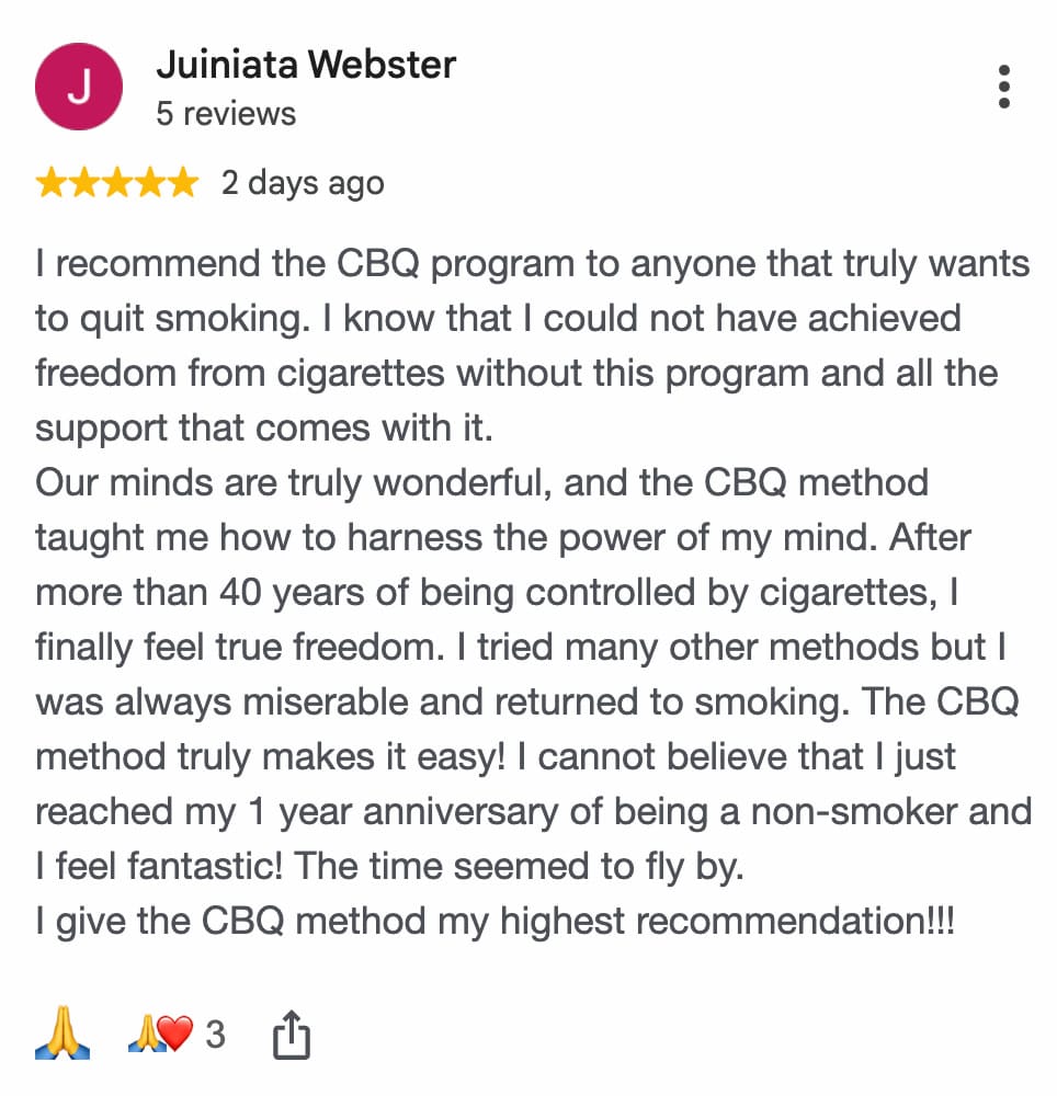 CBQ Nicotine Freedom Program member Juiniata Webster left a Google Review