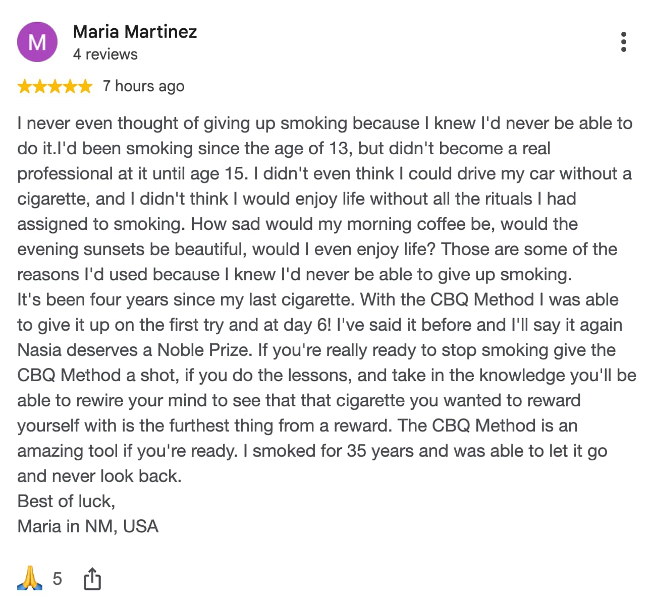 CBQ Nicotine Freedom Program member Maria Martinez left a Google Review