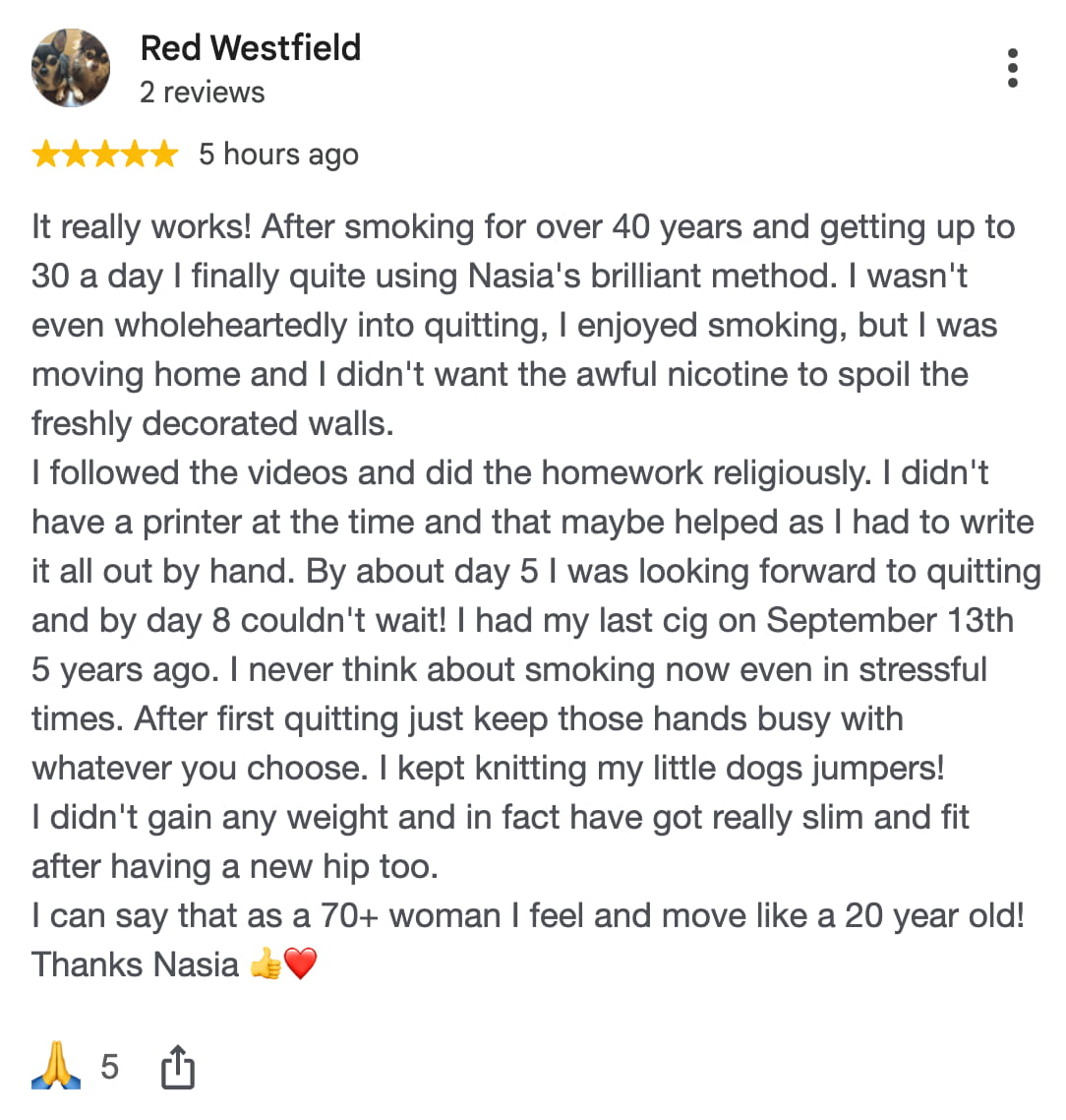 CBQ Nicotine Freedom Program member Pauline Westfield left a Google review