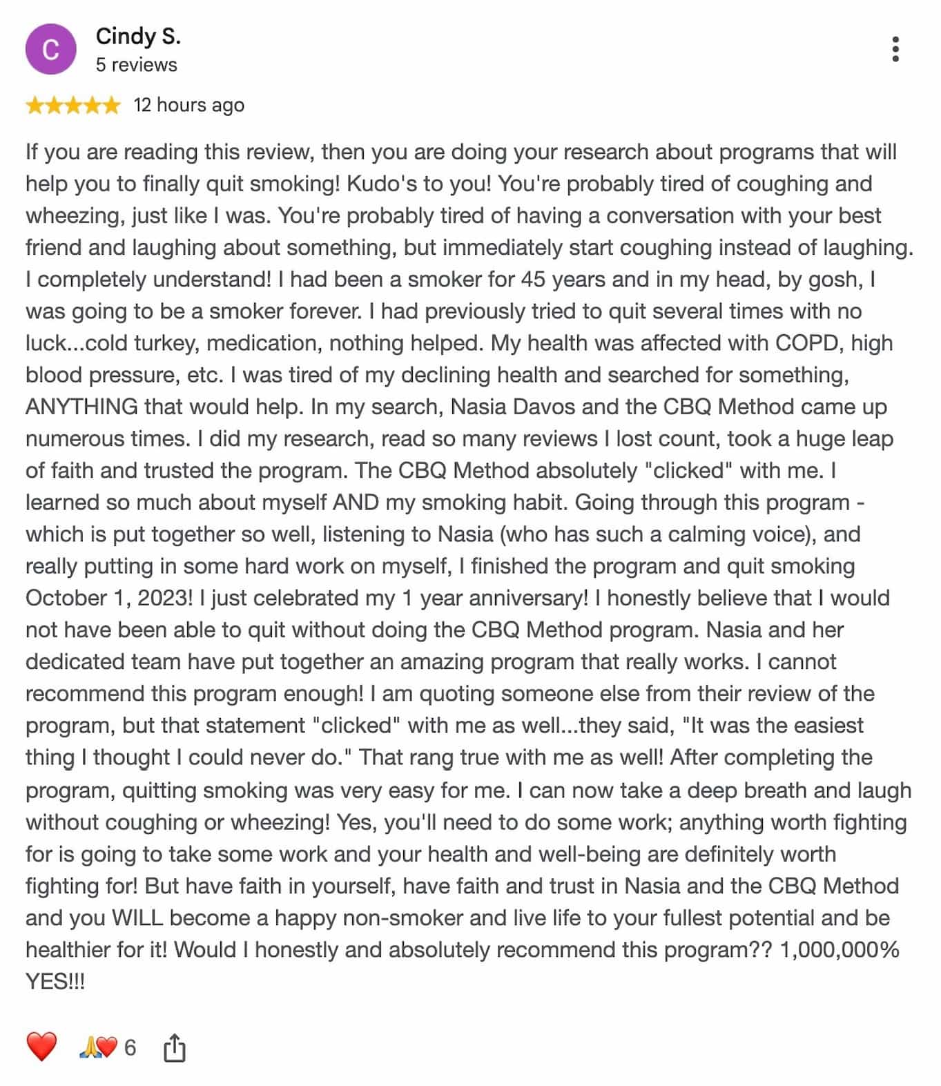 CBQ Nicotine Freedom Program member Cindy Silveira left a Google Review