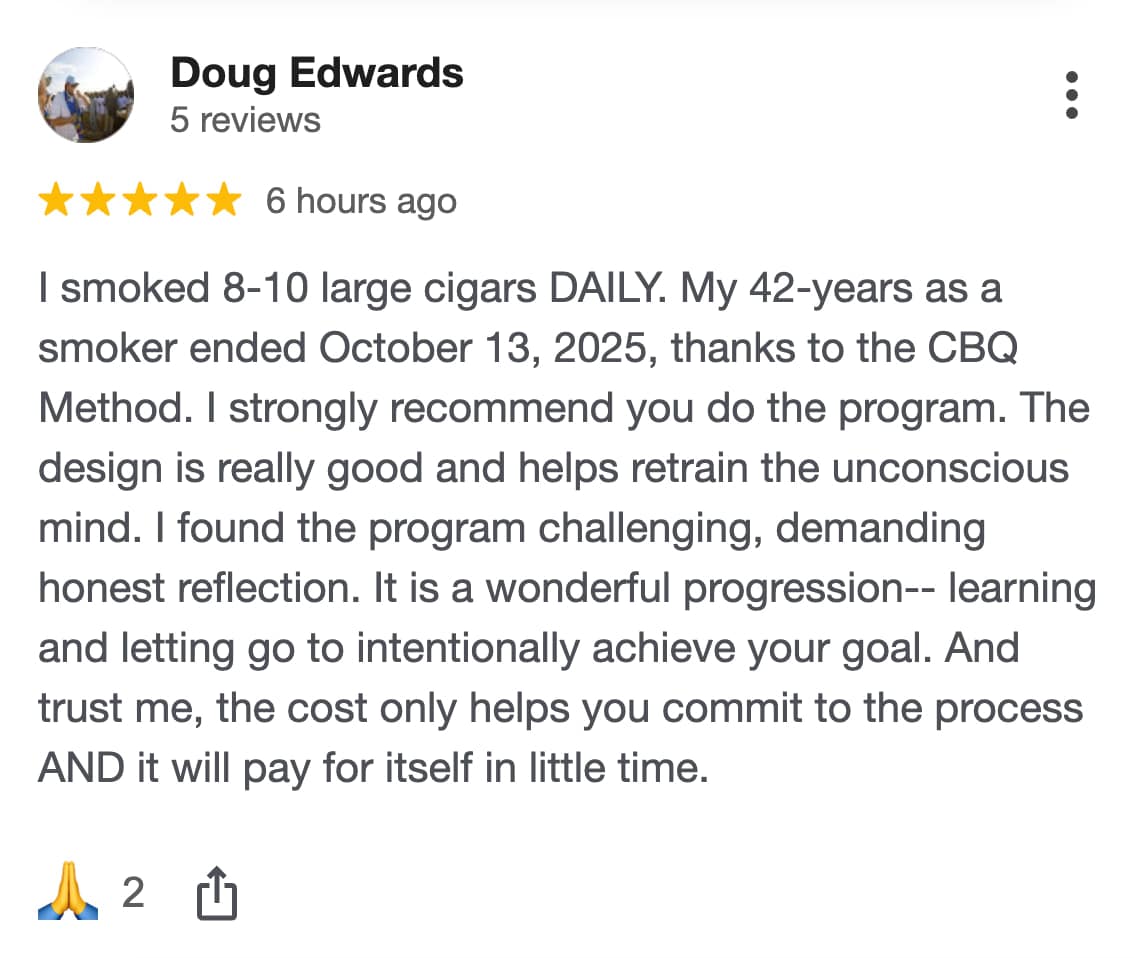 CBQ Nicotine Freedom Program member Doug Edwards left a Google review