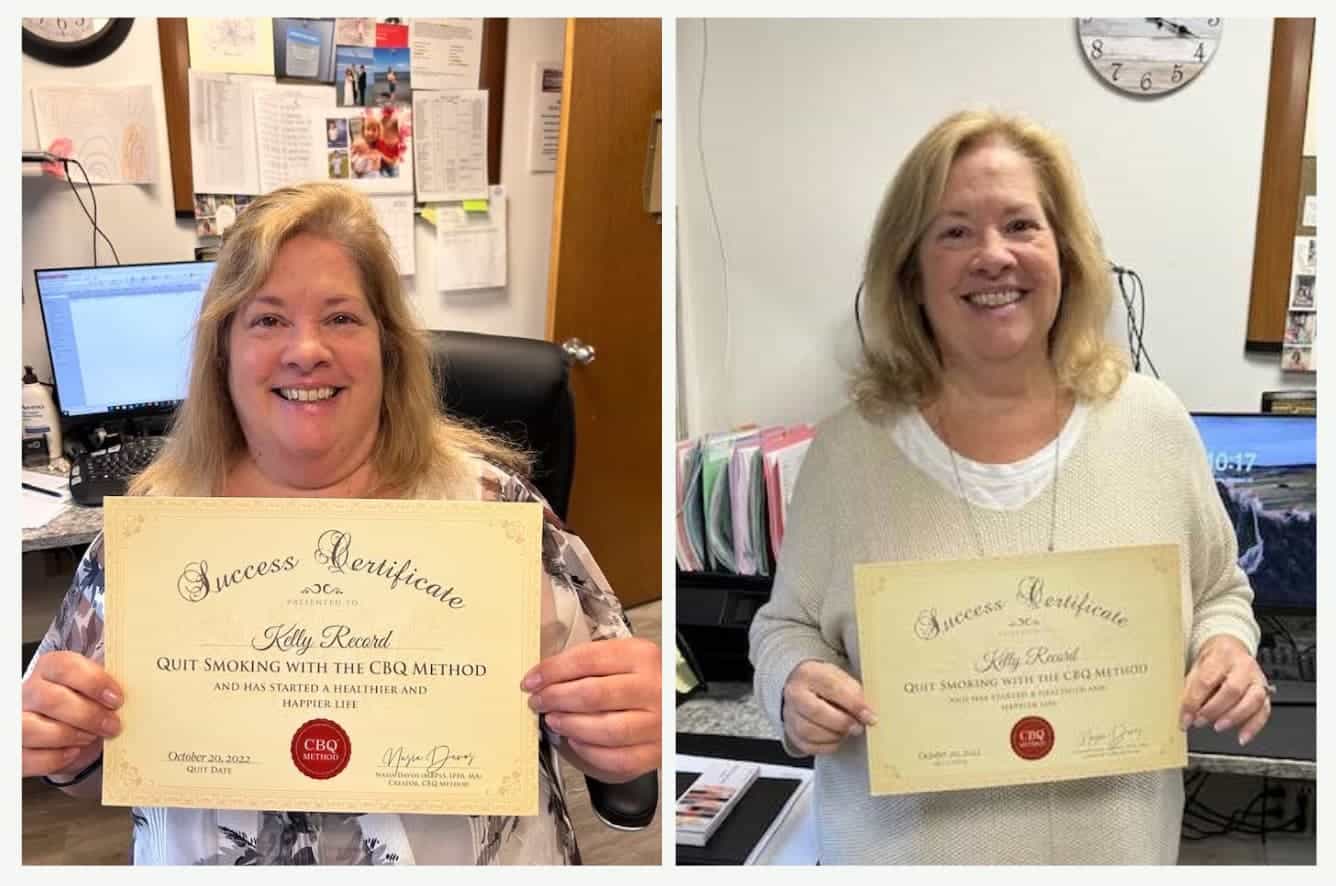 CBQ Nicotine Freedom Program member Kelly Record holding her CBQ Freedom Certificate