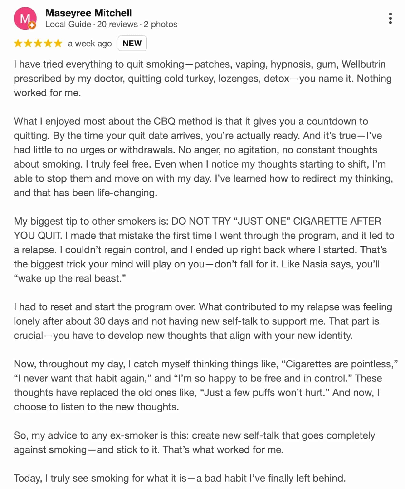 CBQ Nicotine Freedom Program member Maseyree Mitchell left a Google review
