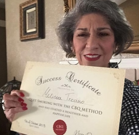 CBQ Nicotine Freedom Program member Melissa Trevino holding her CBQ Freedom Certificate
